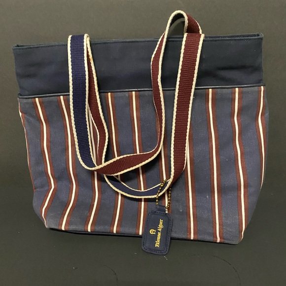 Etienne Aigner Handbags - Etienne Aigner Canvas Tote Bag, Blue & Maroon. Snap In Bag Inside.
